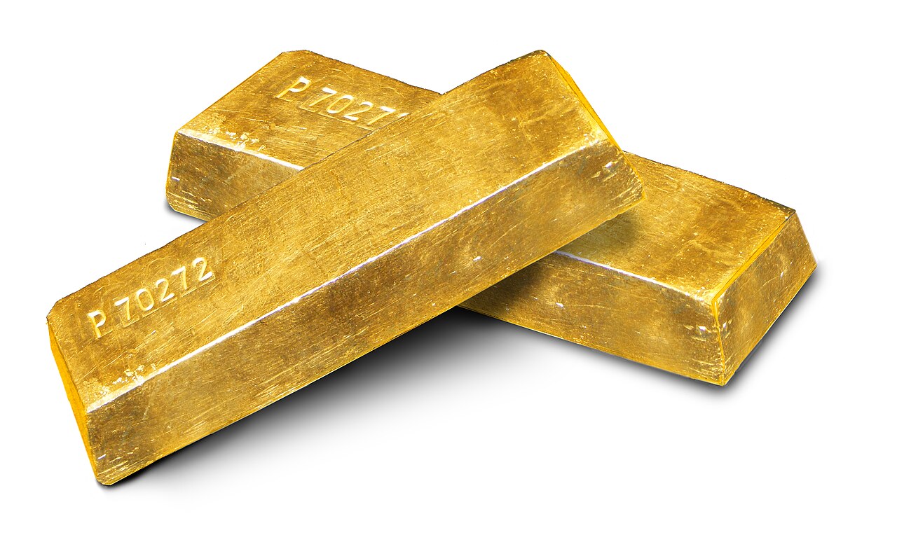 Gold bars. At July 2026 prices, even a modest holding of gold can exceed the Zakat threshold. Photo: Wikimedia Commons (public domain)