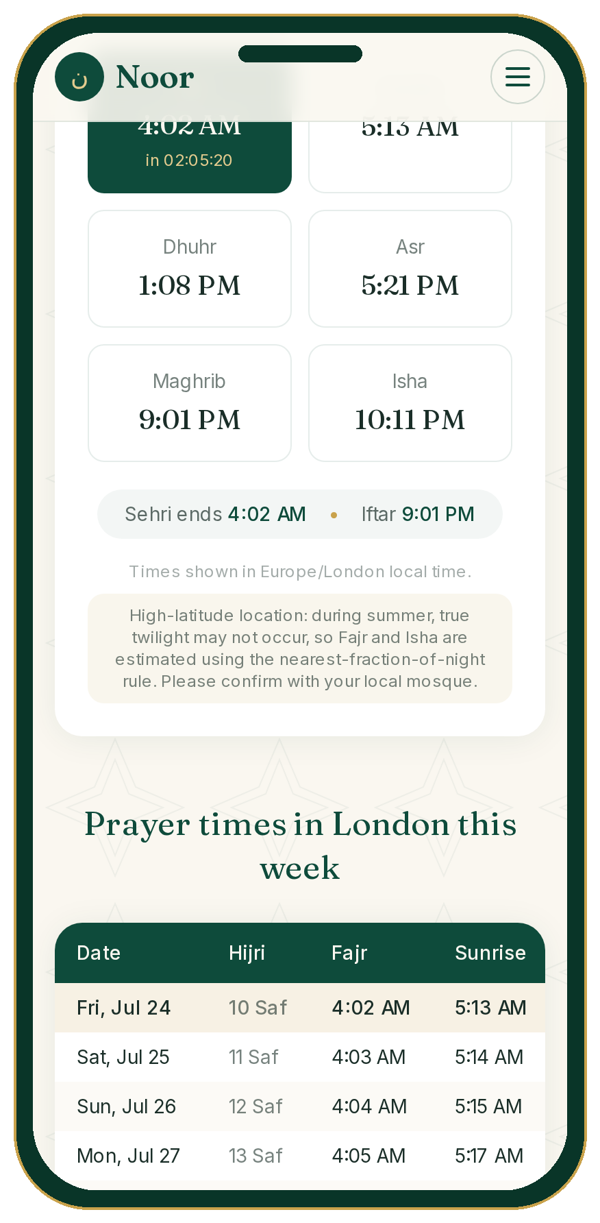 Noor prayer times for London shown on a phone