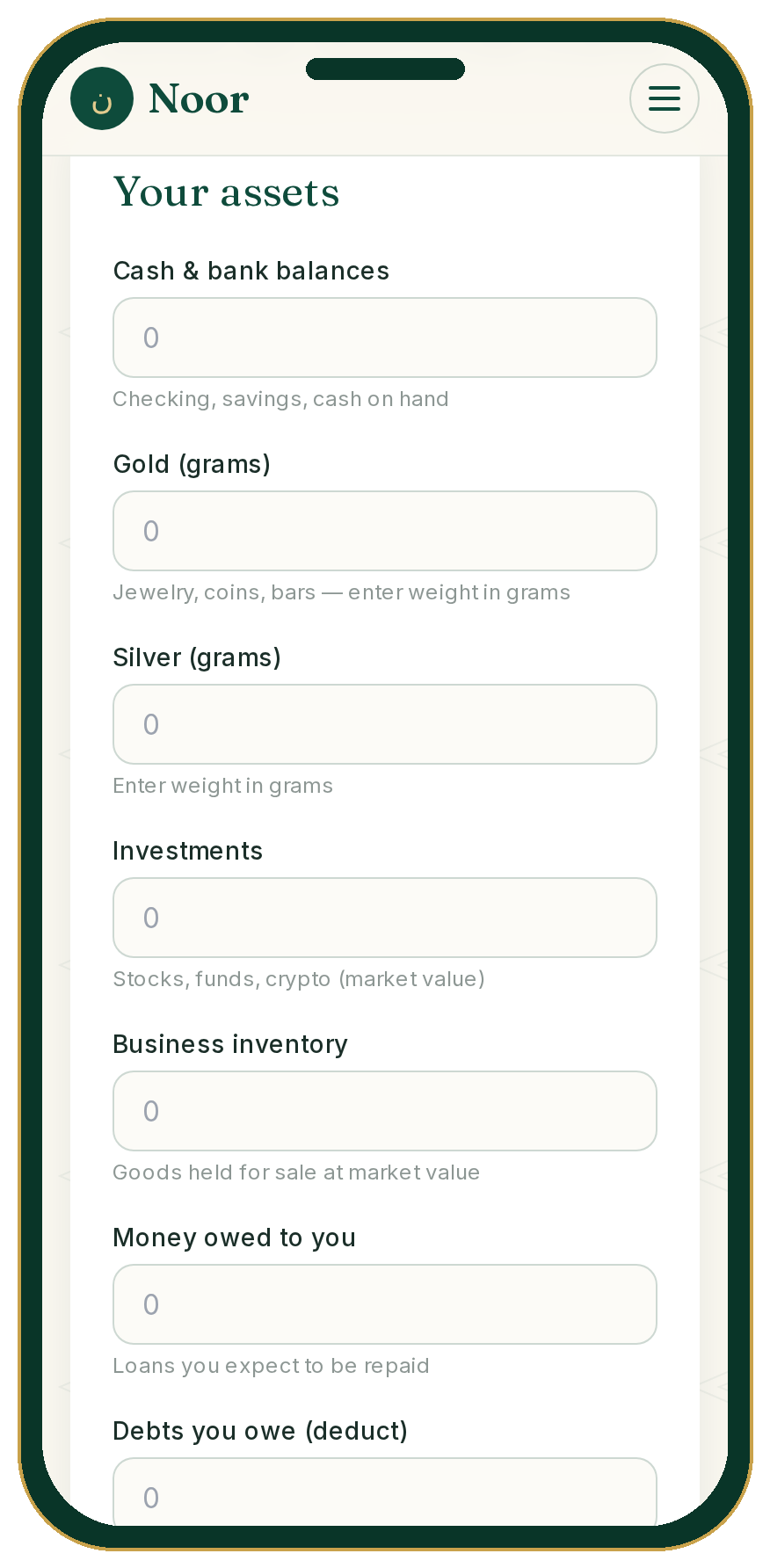 The Noor Zakat calculator asset form